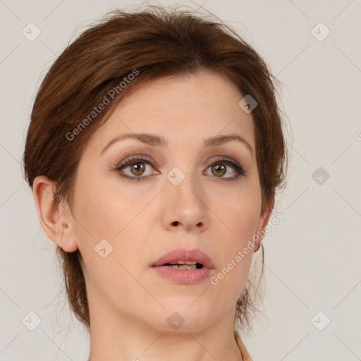 Neutral white young-adult female with medium  brown hair and brown eyes