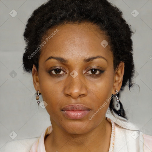 Neutral black young-adult female with short  black hair and brown eyes