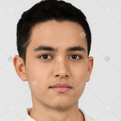 Neutral asian young-adult male with short  black hair and brown eyes