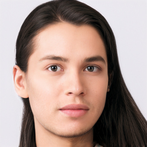 Neutral white young-adult male with long  brown hair and brown eyes