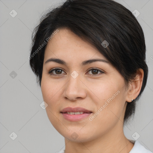 Joyful white young-adult female with medium  brown hair and brown eyes