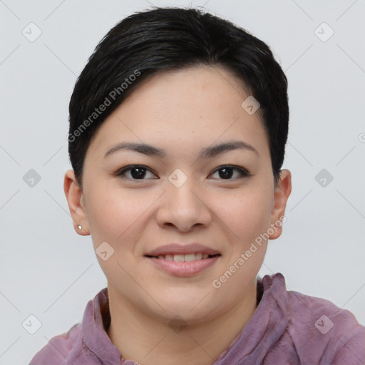 Joyful asian young-adult female with short  black hair and brown eyes