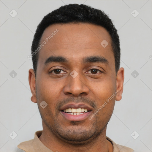 Neutral black young-adult male with short  black hair and brown eyes
