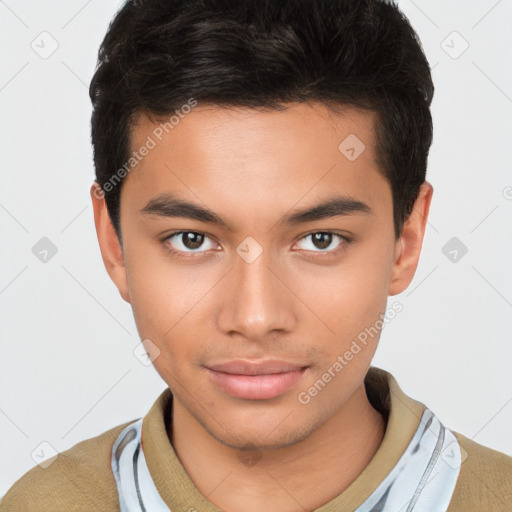 Neutral latino young-adult male with short  brown hair and brown eyes