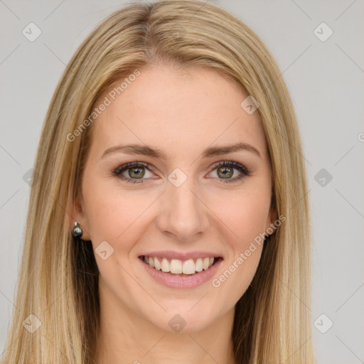 Joyful white young-adult female with long  brown hair and green eyes