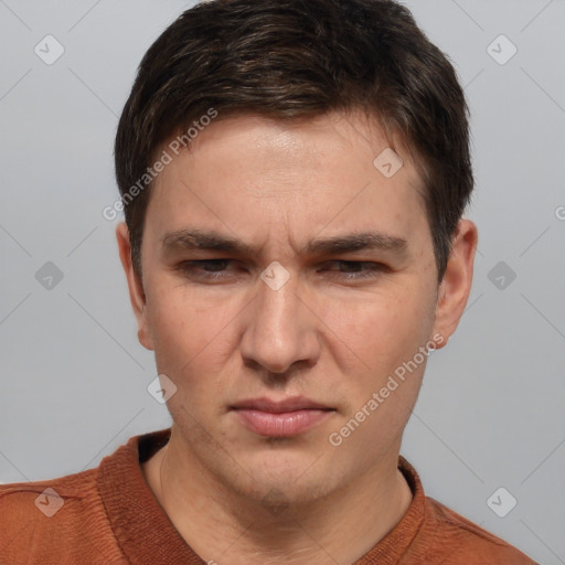 Neutral white young-adult male with short  brown hair and brown eyes