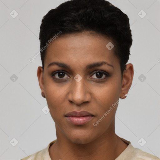 Neutral latino young-adult female with short  black hair and brown eyes