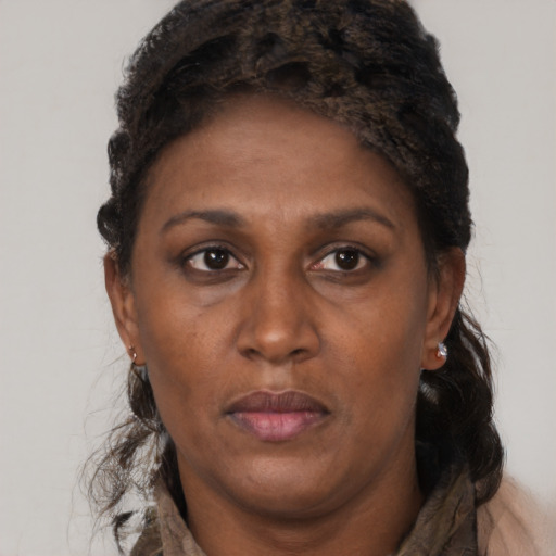 Neutral black adult female with short  brown hair and brown eyes