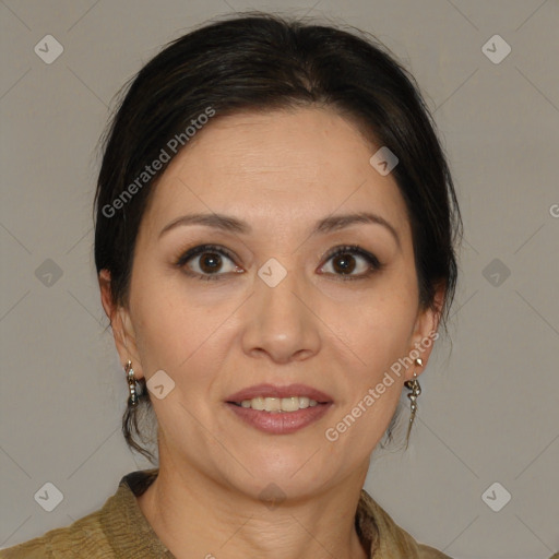 Joyful white adult female with medium  brown hair and brown eyes