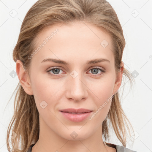 Joyful white young-adult female with medium  brown hair and blue eyes