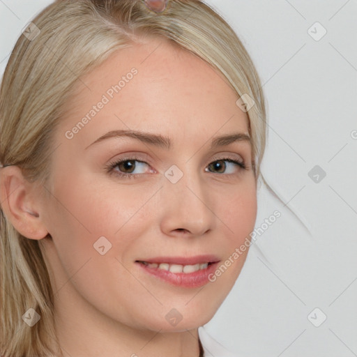 Joyful white young-adult female with long  brown hair and blue eyes