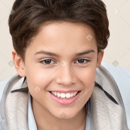 Joyful white child female with short  brown hair and brown eyes