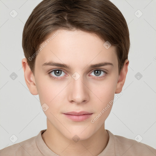 Neutral white young-adult female with short  brown hair and brown eyes