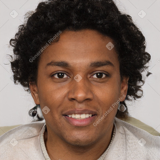 Joyful black young-adult male with short  brown hair and brown eyes