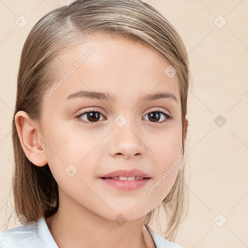 Joyful white child female with medium  brown hair and brown eyes