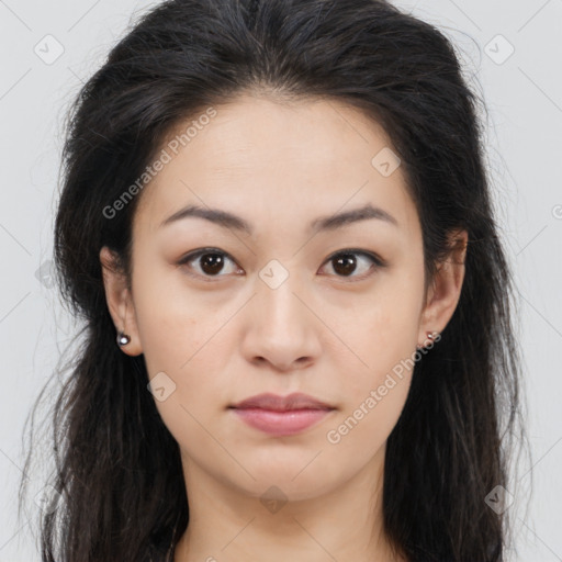 Joyful asian young-adult female with long  brown hair and brown eyes