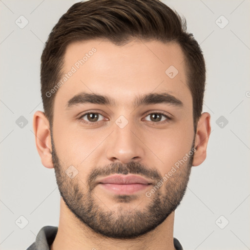 Joyful white young-adult male with short  brown hair and brown eyes