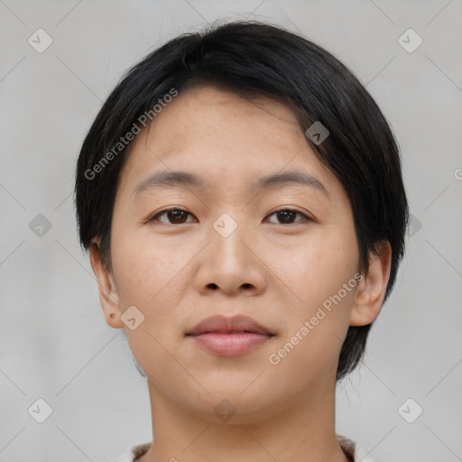 Neutral asian young-adult female with medium  black hair and brown eyes