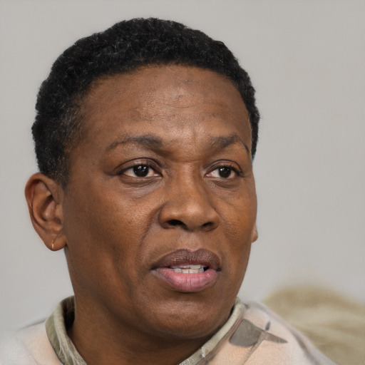 Neutral black adult female with short  brown hair and brown eyes