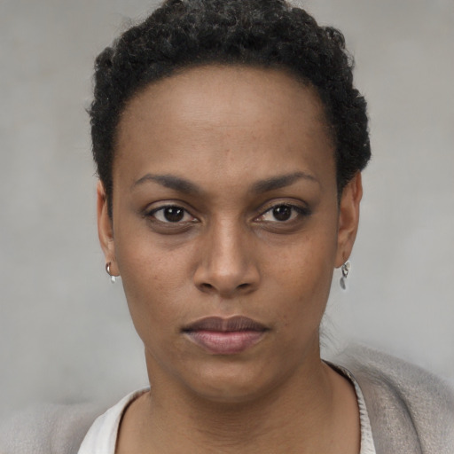 Neutral black young-adult female with short  brown hair and brown eyes