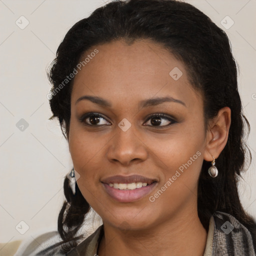 Joyful black young-adult female with medium  black hair and brown eyes