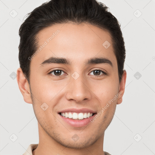 Joyful white young-adult male with short  brown hair and brown eyes