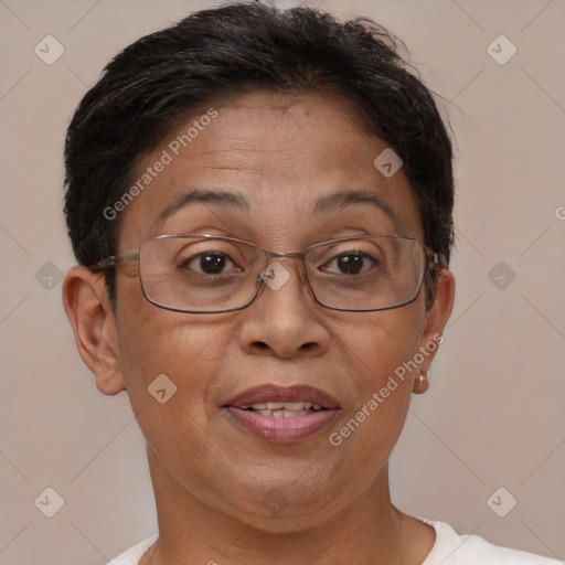 Joyful white adult female with short  brown hair and brown eyes