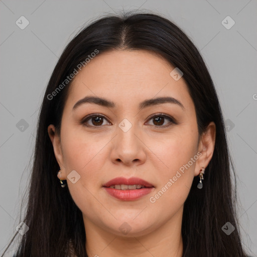 Joyful white young-adult female with long  brown hair and brown eyes