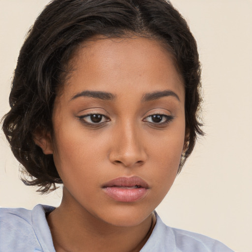 Neutral white young-adult female with medium  brown hair and brown eyes