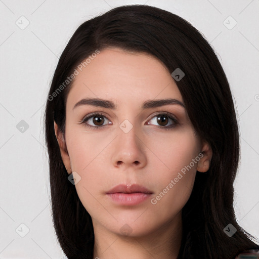 Neutral white young-adult female with long  black hair and brown eyes