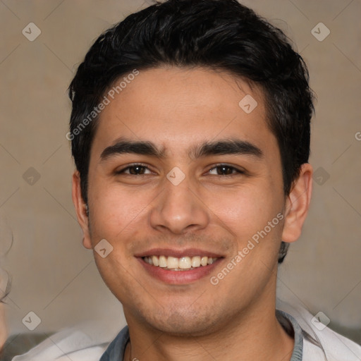 Joyful white young-adult male with short  black hair and brown eyes