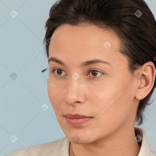 Neutral white young-adult female with medium  brown hair and brown eyes