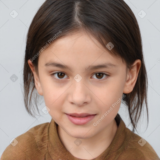 Joyful white child female with medium  brown hair and brown eyes