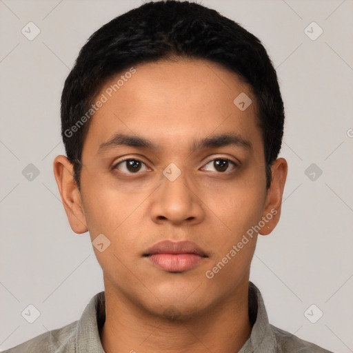 Neutral latino young-adult male with short  black hair and brown eyes