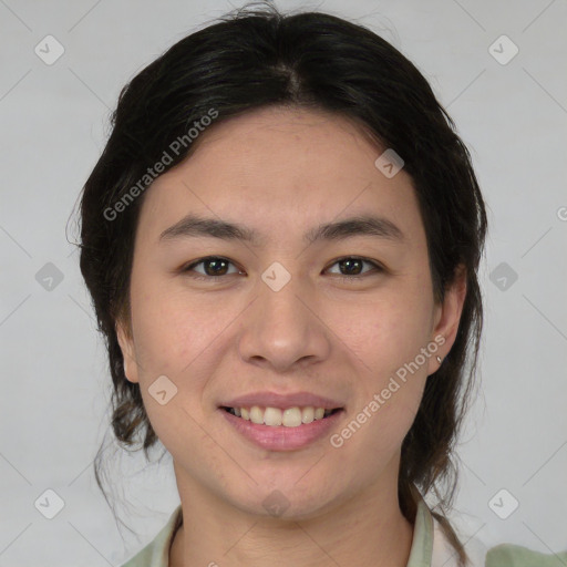 Joyful white young-adult female with medium  brown hair and brown eyes