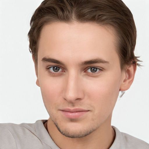 Neutral white young-adult male with short  brown hair and brown eyes