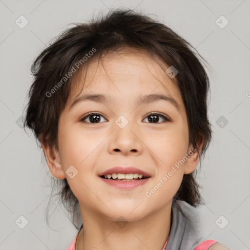 Joyful white child female with medium  brown hair and brown eyes