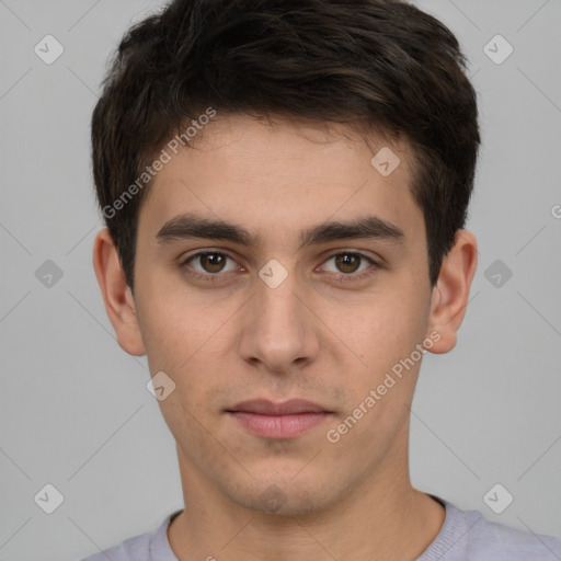 Neutral white young-adult male with short  brown hair and brown eyes