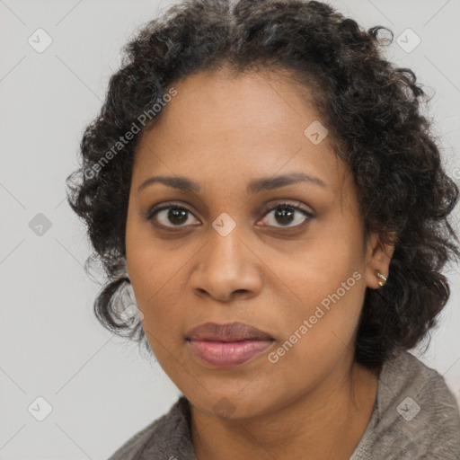 Joyful black adult female with long  brown hair and brown eyes