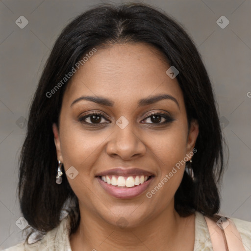 Joyful black young-adult female with medium  brown hair and brown eyes