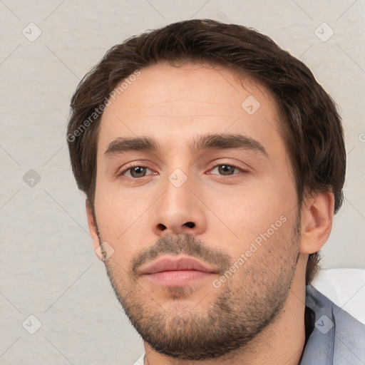 Neutral white young-adult male with short  brown hair and brown eyes