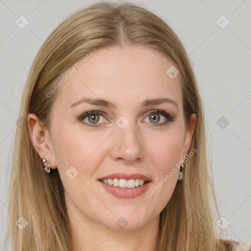 Joyful white young-adult female with long  brown hair and green eyes