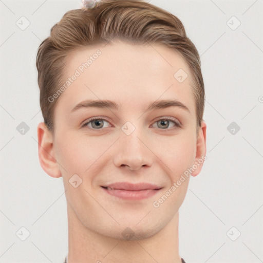 Joyful white young-adult female with short  brown hair and grey eyes