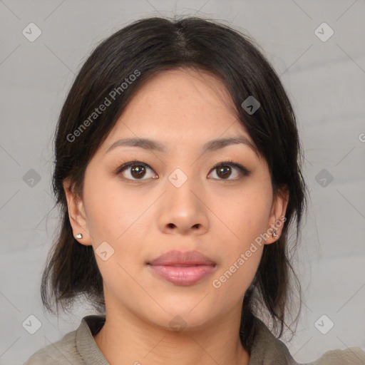 Neutral asian young-adult female with medium  brown hair and brown eyes