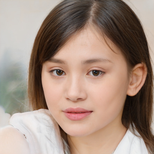 Joyful white child female with long  brown hair and brown eyes