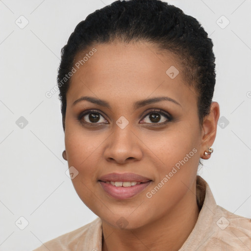 Joyful black young-adult female with short  brown hair and brown eyes