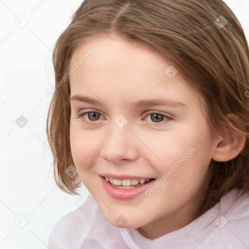 Joyful white child female with medium  brown hair and brown eyes