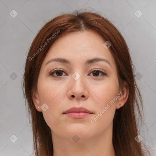 Neutral white young-adult female with medium  brown hair and brown eyes