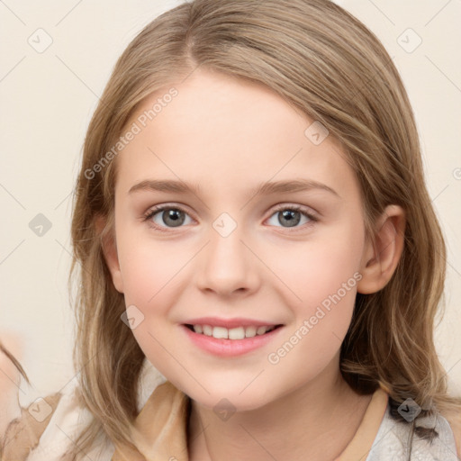 Joyful white child female with medium  brown hair and brown eyes