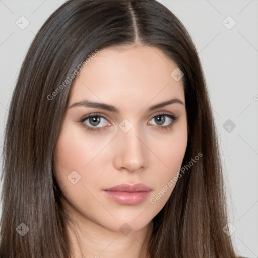 Neutral white young-adult female with long  brown hair and brown eyes